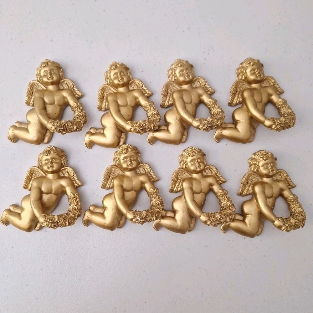 8 Ornate Resin Cherub Angel Napkin Ring Holders Gold Tone Painted Vintage HEAVY